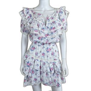Fanco Women Size M White Floral Ruffle Tiered Crochet Cotton Mini Dress Pullover